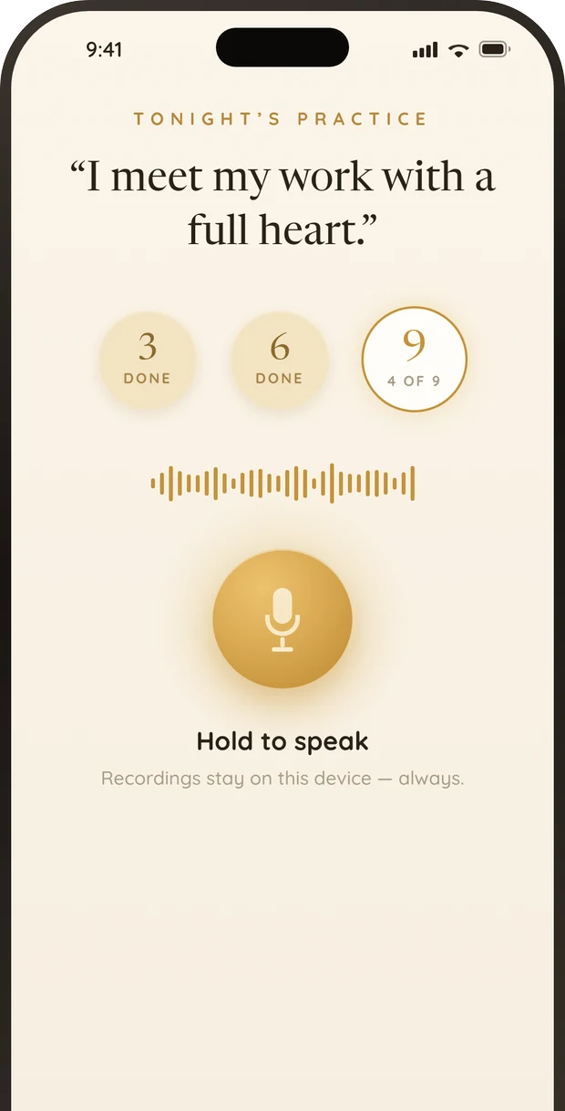 The 369 method screen in the Shyne manifestation app, speaking an intention nine times