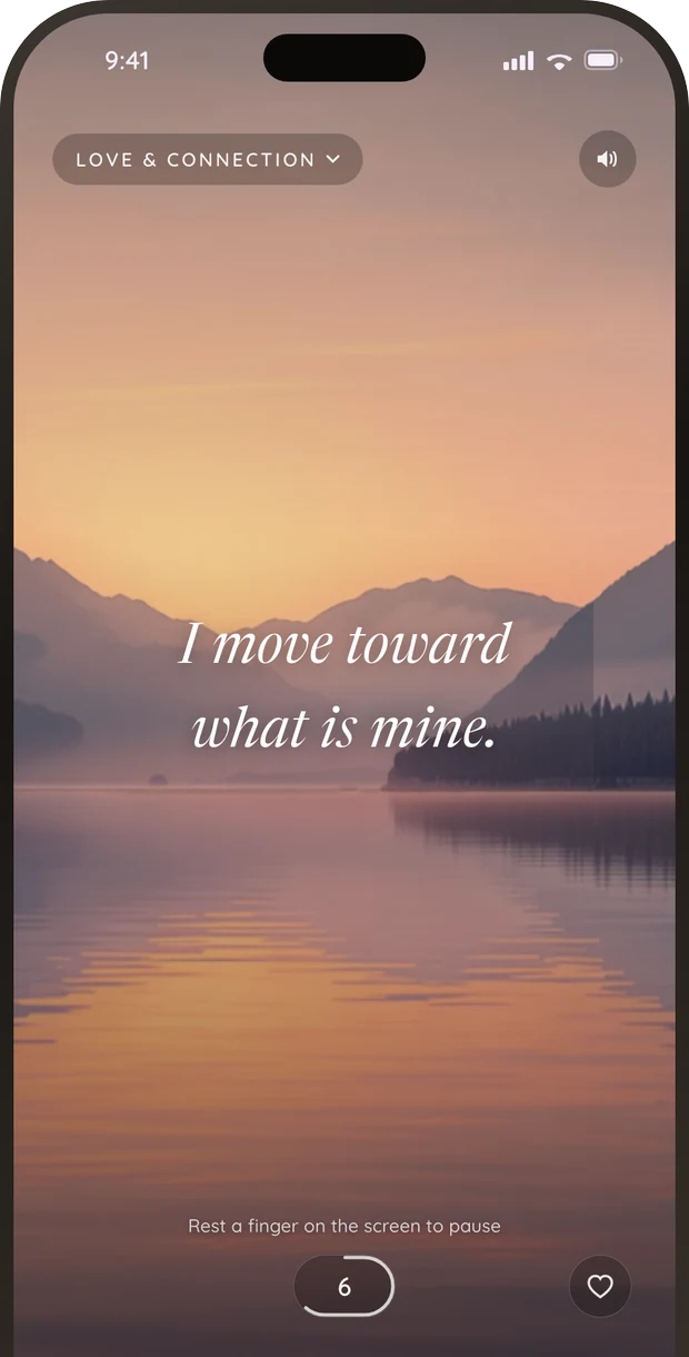 Full-screen daily affirmation over photography in the Shyne law of attraction app