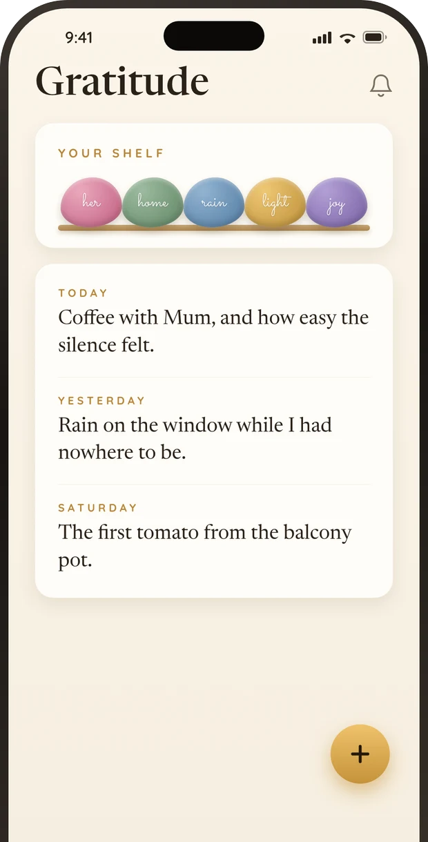 Gratitude journal in the Shyne app with a shelf of painted gratitude rocks on iPhone