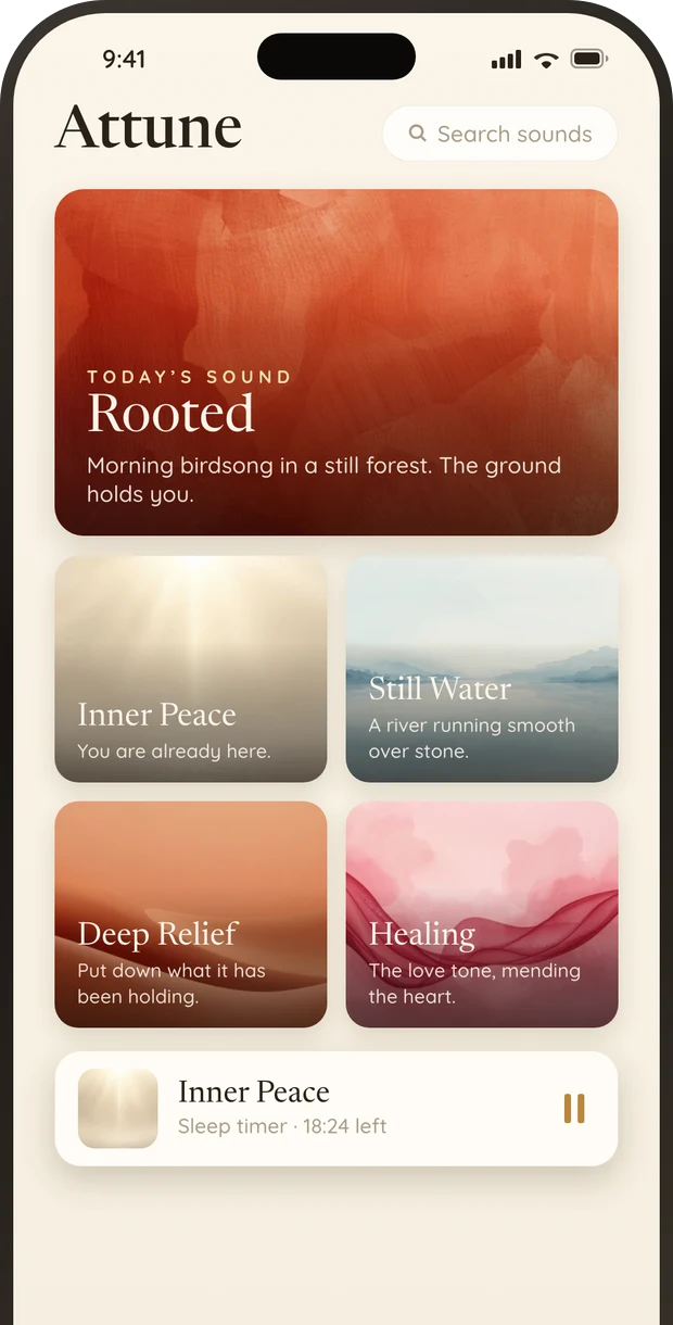 Attune sound room in the Shyne app showing solfeggio healing frequencies and soundscapes