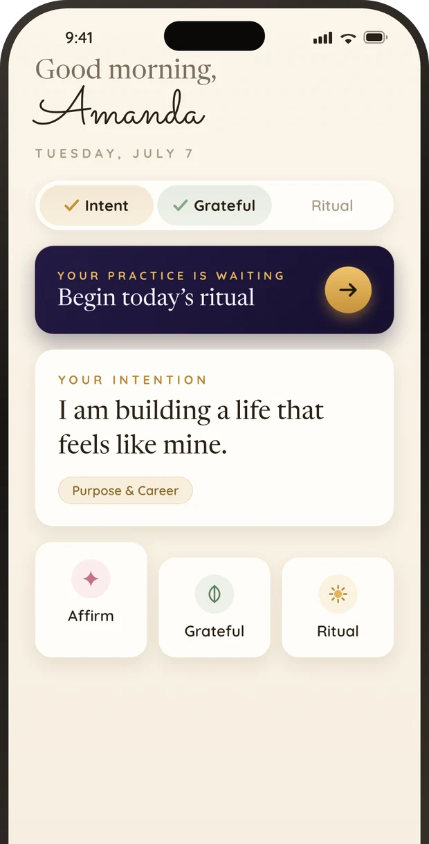Shyne manifestation app home screen on iPhone showing today's intention, the daily practice ledger and the ritual card