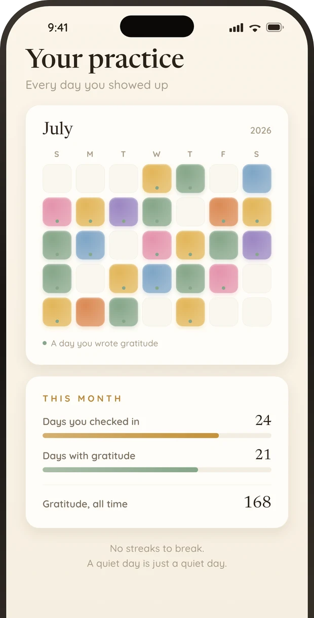 Practice history calendar in the Shyne manifestation app with no streaks