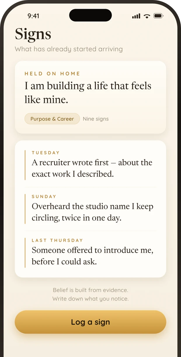 Signs log in the Shyne manifestation app recording evidence against an intention